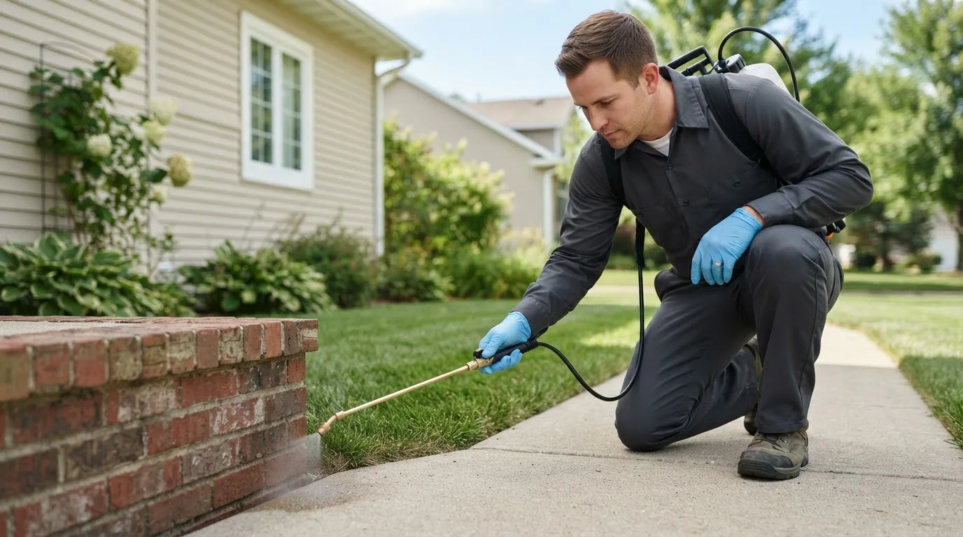 Pest control technician treating a home near Glyndon, MN