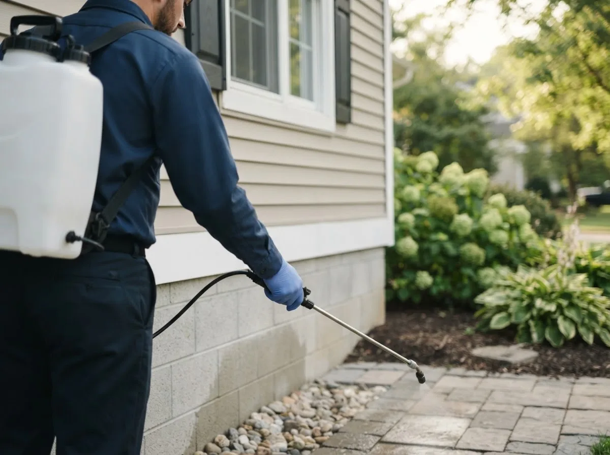Pest control technician inspecting a home in Glyndon, MN